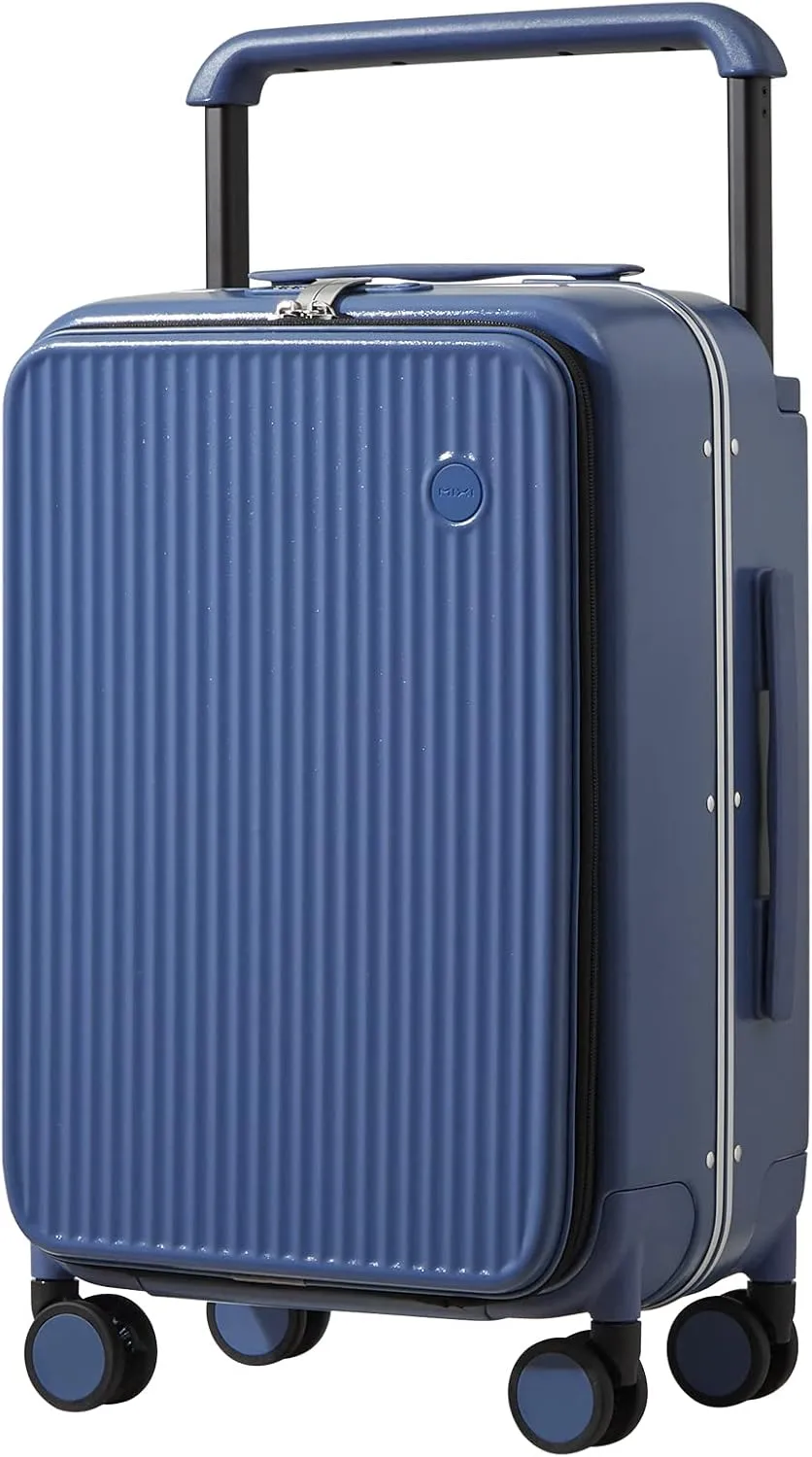mixi Carry On Luggage 20'' Suitcase with Front Laptop Pocket, Wide Handle Rolling Travel Suitcases PC Hardshell with Aluminum Frame Spinner Wheels & TSA Lock, Striped Sapphire Blue