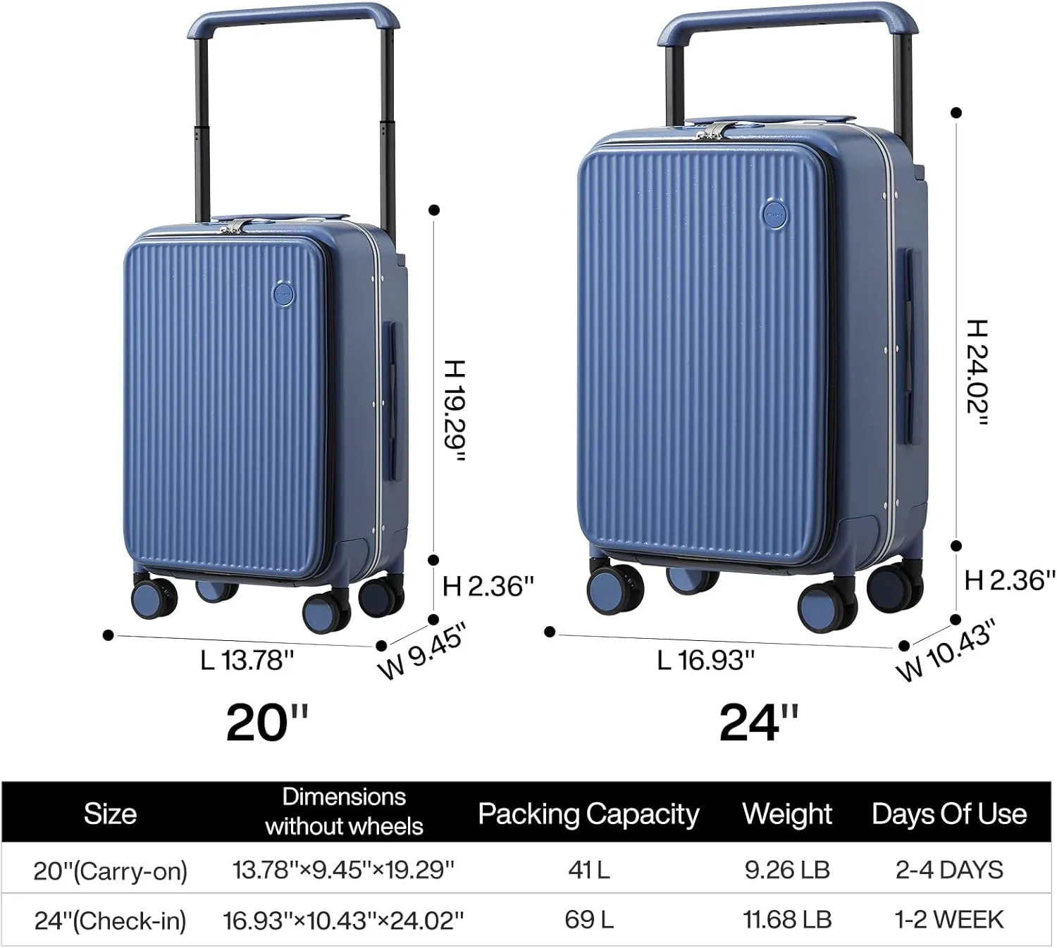mixi Carry On Luggage 20'' Suitcase with Front Laptop Pocket, Wide Handle Rolling Travel Suitcases PC Hardshell with Aluminum Frame Spinner Wheels & TSA Lock, Striped Sapphire Blue