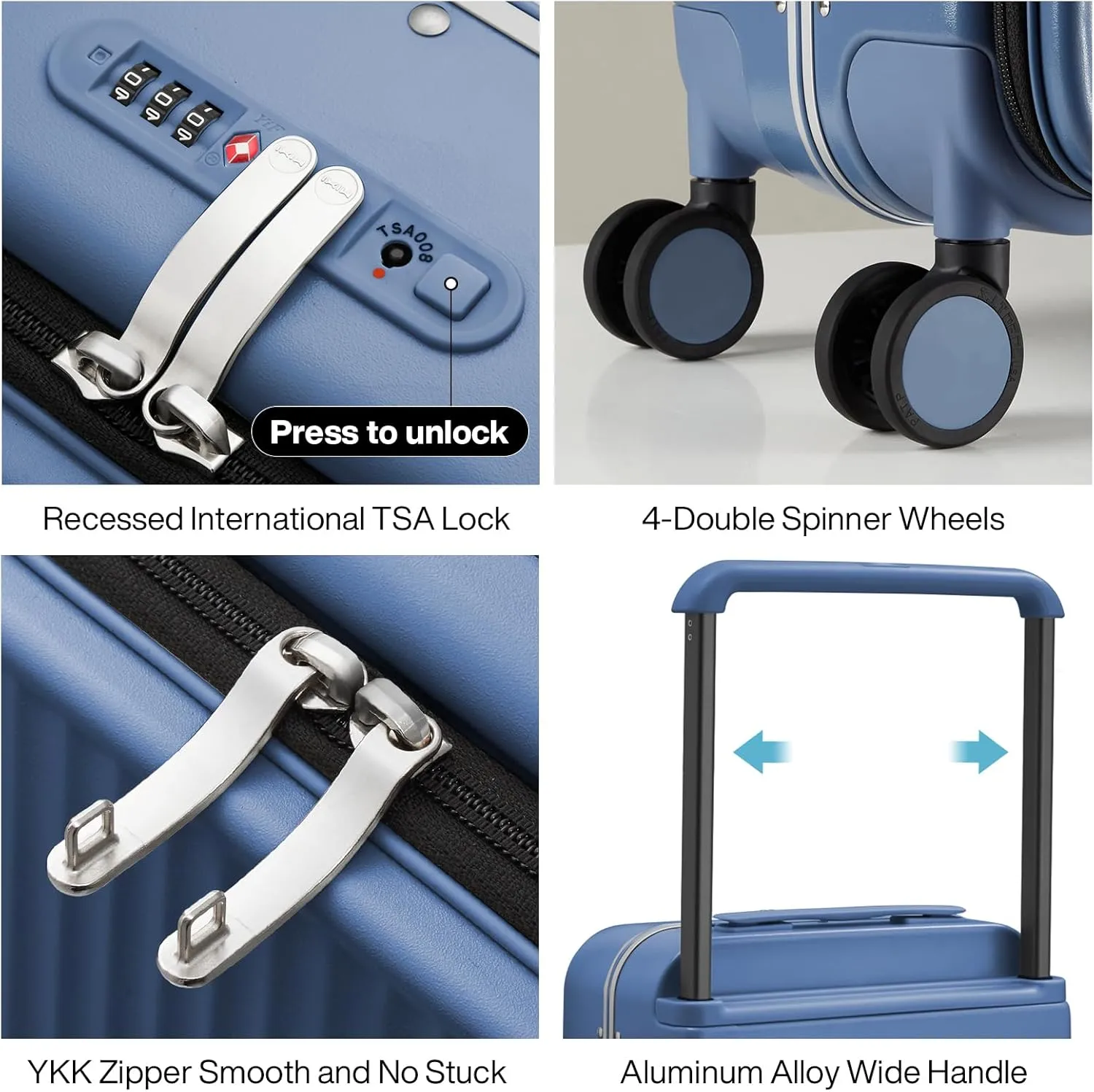 mixi Carry On Luggage 20'' Suitcase with Front Laptop Pocket, Wide Handle Rolling Travel Suitcases PC Hardshell with Aluminum Frame Spinner Wheels & TSA Lock, Striped Sapphire Blue