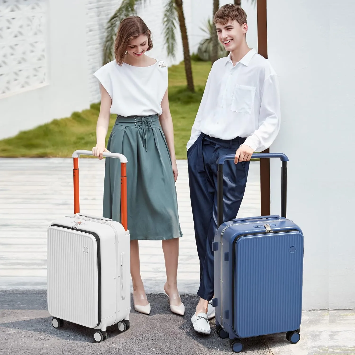 mixi Carry On Luggage 20'' Suitcase with Front Laptop Pocket, Wide Handle Rolling Travel Suitcases PC Hardshell with Aluminum Frame Spinner Wheels & TSA Lock, Striped Sapphire Blue