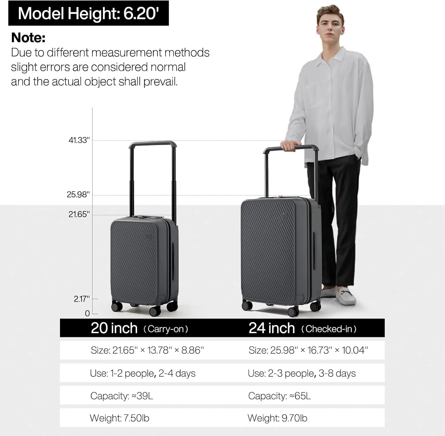mixi Carry On Luggage Airline Approved 20'' Lightweight Luggage Wide Handle PC Hardshell Suitcases with Spinner Wheels & TSA Lock, Rock Gray
