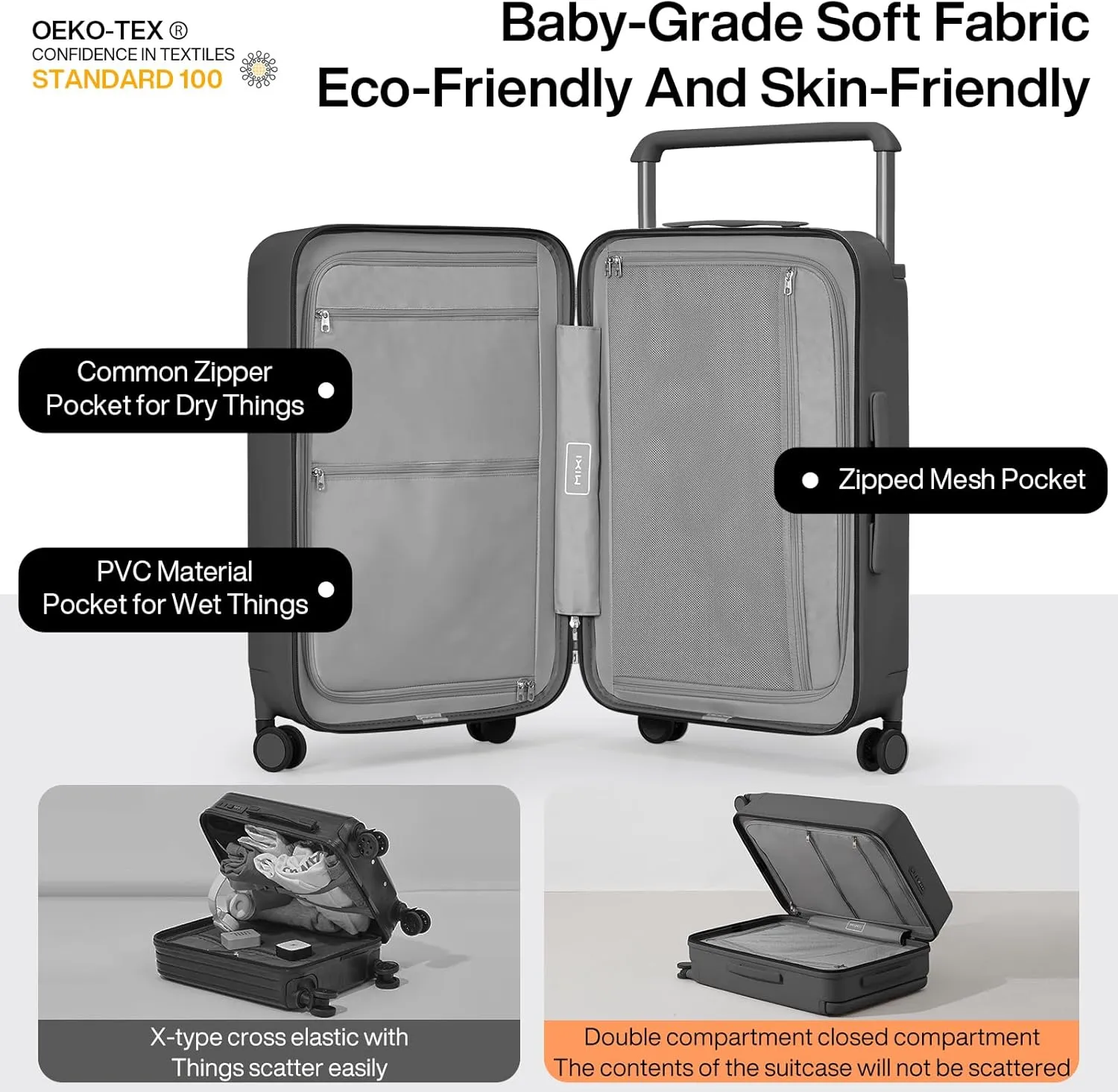 mixi Carry On Luggage Airline Approved 20'' Lightweight Luggage Wide Handle PC Hardshell Suitcases with Spinner Wheels & TSA Lock, Rock Gray