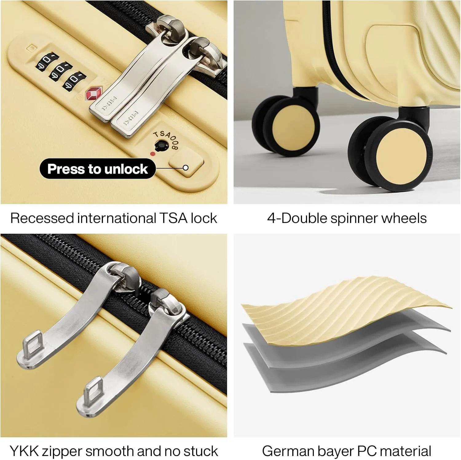 mixi Luggage Suitcases with Spinner Wheels,Upgrade Wide Handle PC Hardshell Rolling Travel Suitcase with TSA Lock, Checked-Medium 24-Inch, Lark Yellow