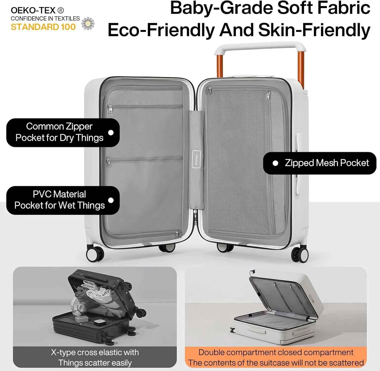 mixi Luggage Suitcases with Spinner Wheels,Upgrade Wide Handle PC Hardshell Rolling Travel Suitcase with TSA Lock, Checked-Medium 24-Inch, Smoke White