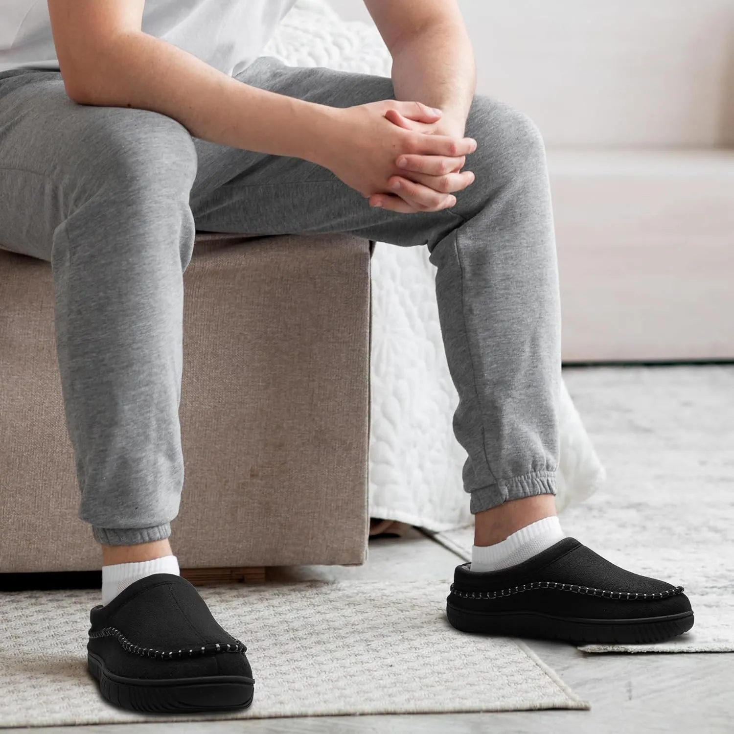 MIXIN Mens Slippers Indoor Outdoor Memory Foam Warm Fuzzy Fluffy Comfy House Shoes Anti-Slip Moccasin Slippers