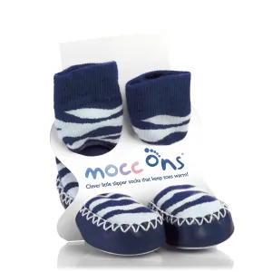 Mocc Ons Slipper Socks - Blue & Navy Zebra Stripes