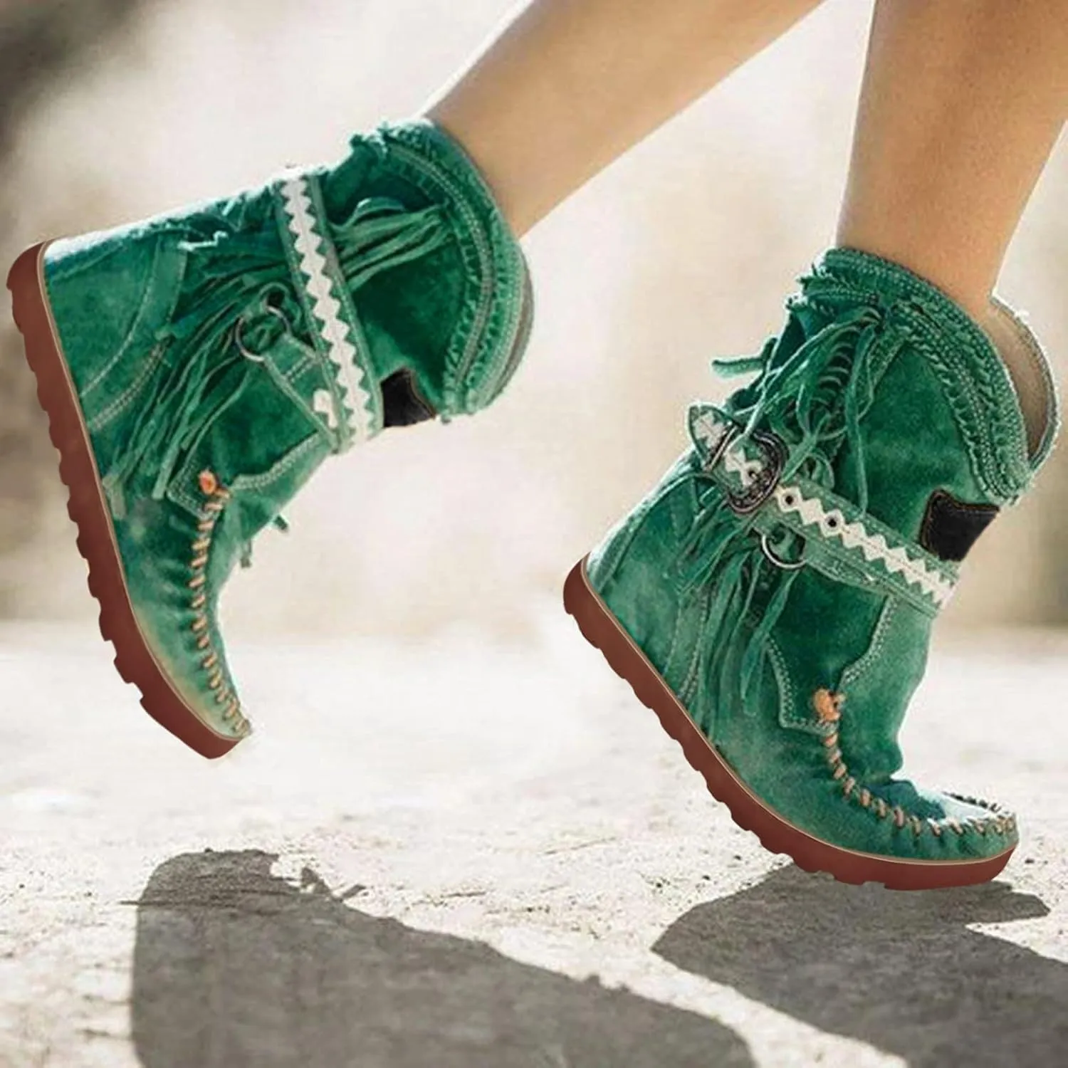 Moccasin Boots For Women Classic Ankle Boots Comfortable Flat Cowboy Boots Wide Calf Slouch Boots Suede Western Boots