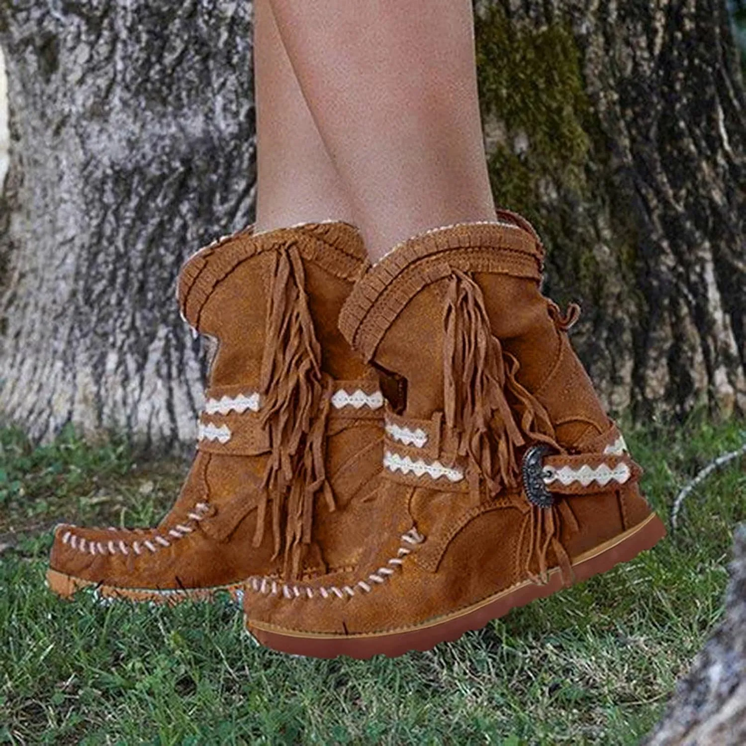 Moccasin Boots For Women Classic Ankle Boots Comfortable Flat Cowboy Boots Wide Calf Slouch Boots Suede Western Boots