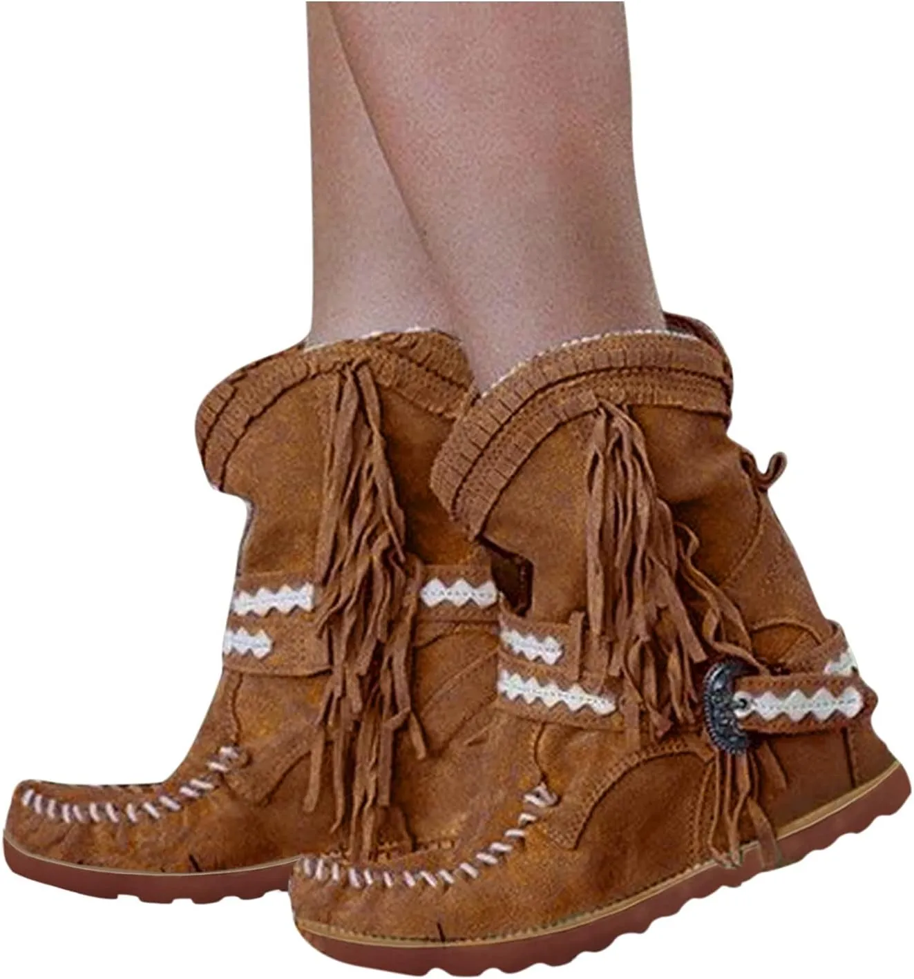 Moccasin Boots For Women Classic Ankle Boots Comfortable Flat Cowboy Boots Wide Calf Slouch Boots Suede Western Boots