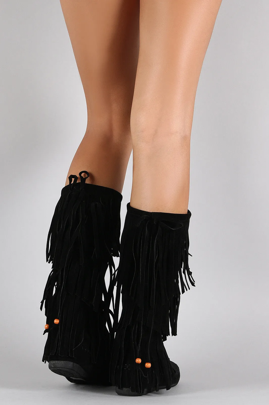 Moccasin Tiers Bow of Bead Ending soon Fringe Expansive variety Boots Flat