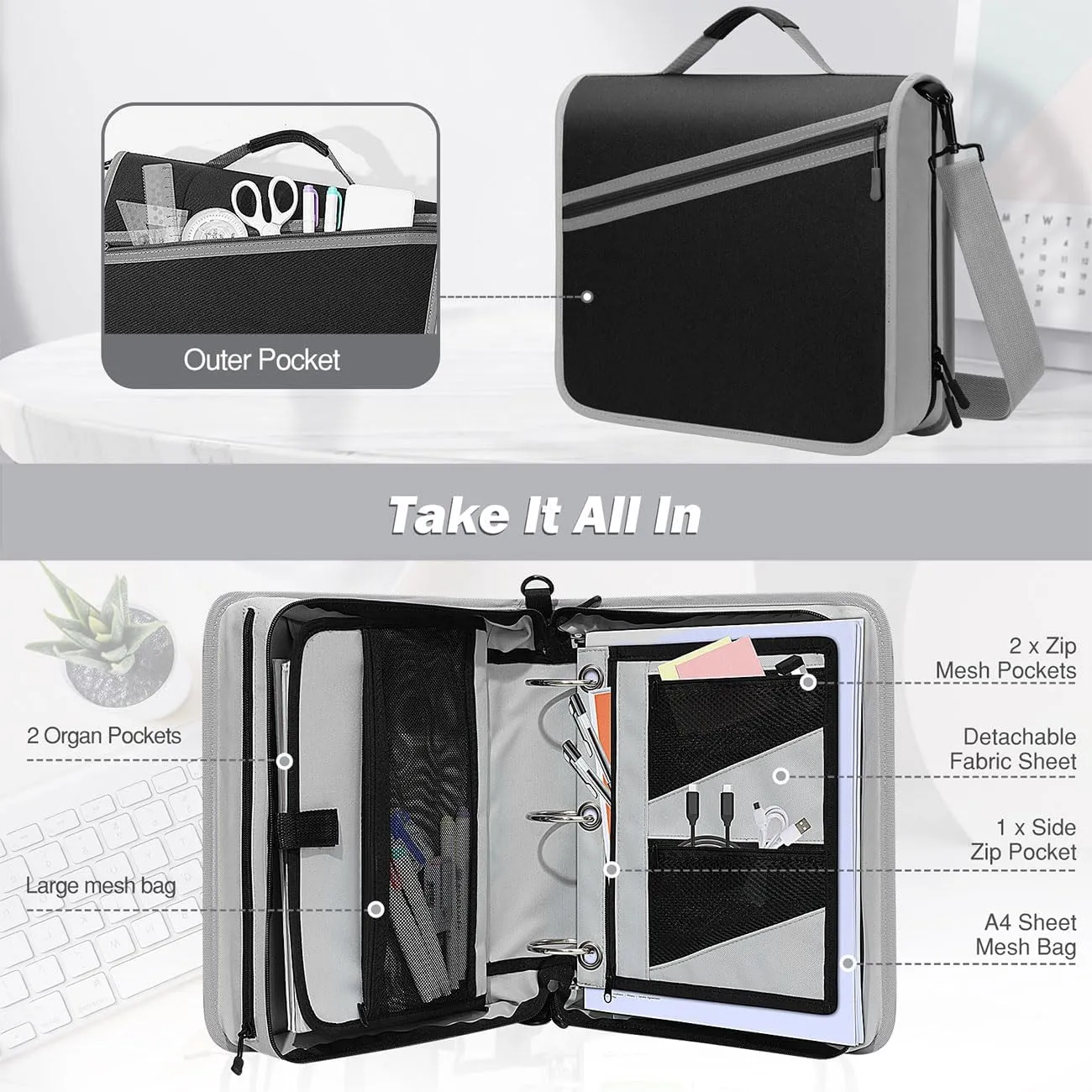 MoKo Zipper Binder, 3 inch 3 Ring with 600 Sheet Capacity Large Binder Thick Oxford Multi-Pocket School Organizer with Handle and Shoulder Strap, Black & Gray