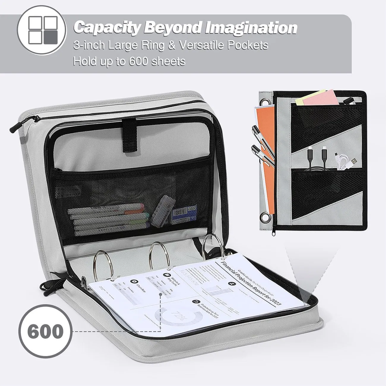 MoKo Zipper Binder, 3 inch 3 Ring with 600 Sheet Capacity Large Binder Thick Oxford Multi-Pocket School Organizer with Handle and Shoulder Strap, Black & Gray