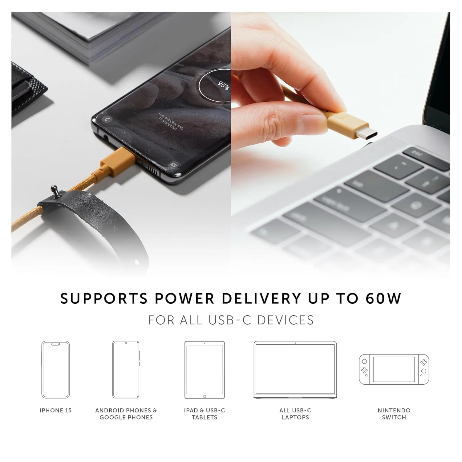 Native Union Type-C Belt Cable - USB-C to USB-C 4ft Ultra-Strong Charging Cable Compatible with iPhone 16, 16 Plus, 16 Pro, 16 Pro Max, iPad Pro, iPad Air, Samsung S25, Flip 6, Fold 6 (Kraft)