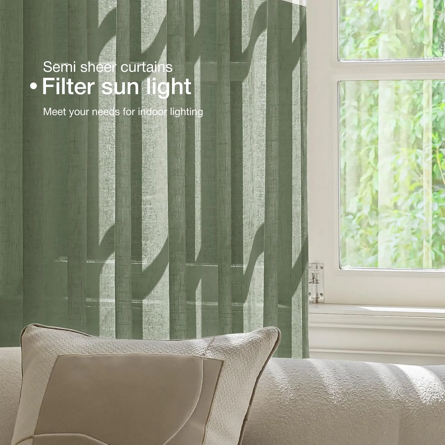 Natural Linen Curtains for Living Room 90 Inch Length 2 Panels Set, Light Filtering Semi Sheer Window Curtain Drapes for Bedroom with Curtain Rings and Clips, 52 Inch Wide Each Panel, Olive