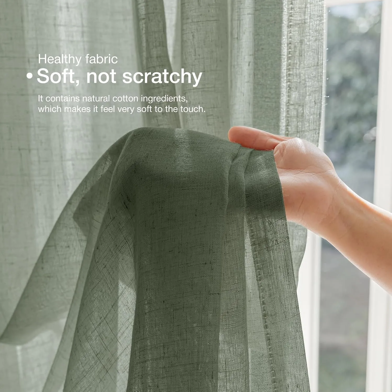 Natural Linen Curtains for Living Room 90 Inch Length 2 Panels Set, Light Filtering Semi Sheer Window Curtain Drapes for Bedroom with Curtain Rings and Clips, 52 Inch Wide Each Panel, Olive