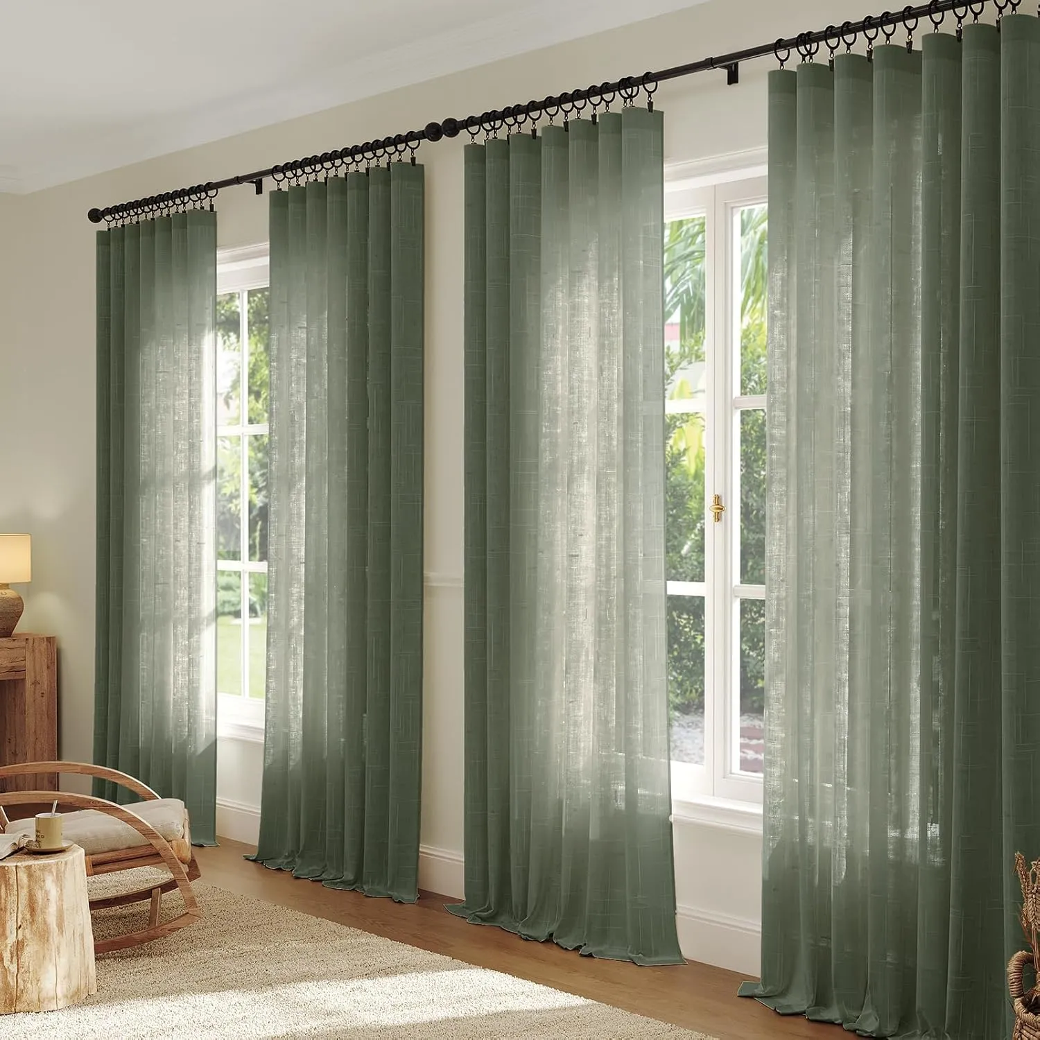 Natural Linen Curtains for Living Room 90 Inch Length 2 Panels Set, Light Filtering Semi Sheer Window Curtain Drapes for Bedroom with Curtain Rings and Clips, 52 Inch Wide Each Panel, Olive