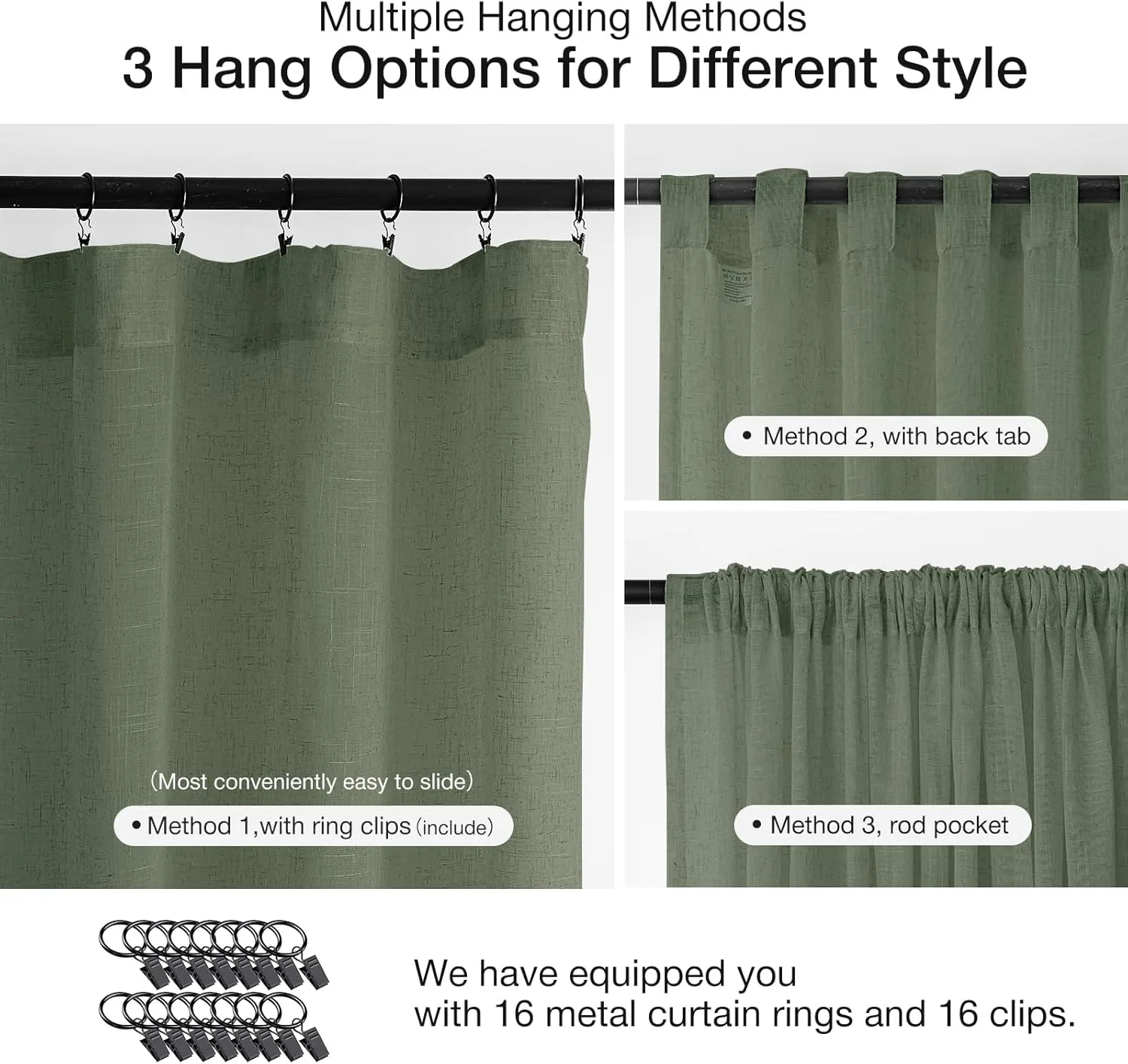 Natural Linen Curtains for Living Room 90 Inch Length 2 Panels Set, Light Filtering Semi Sheer Window Curtain Drapes for Bedroom with Curtain Rings and Clips, 52 Inch Wide Each Panel, Olive