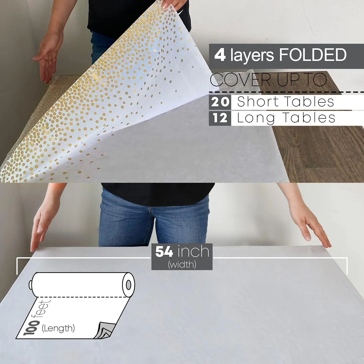 Neatiffy 54 in x 100 Ft - Disposable Plastic Table Cloth Roll with Slide Cutter | Waterproof Cover for Rectangle, Square, Oval Tables | Picnic, Party, Banquet, Birthdays, Weddings - White Golden Dots