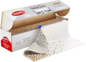 Neatiffy 54 in x 100 Ft - Disposable Plastic Table Cloth Roll with Slide Cutter | Waterproof Cover for Rectangle, Square, Oval Tables | Picnic, Party, Banquet, Birthdays, Weddings - White Golden Dots