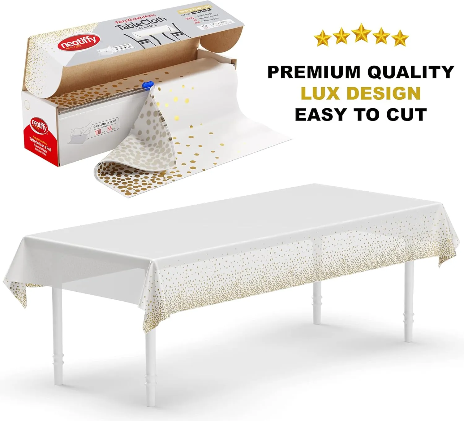 Neatiffy 54 in x 100 Ft - Disposable Plastic Table Cloth Roll with Slide Cutter | Waterproof Cover for Rectangle, Square, Oval Tables | Picnic, Party, Banquet, Birthdays, Weddings - White Golden Dots