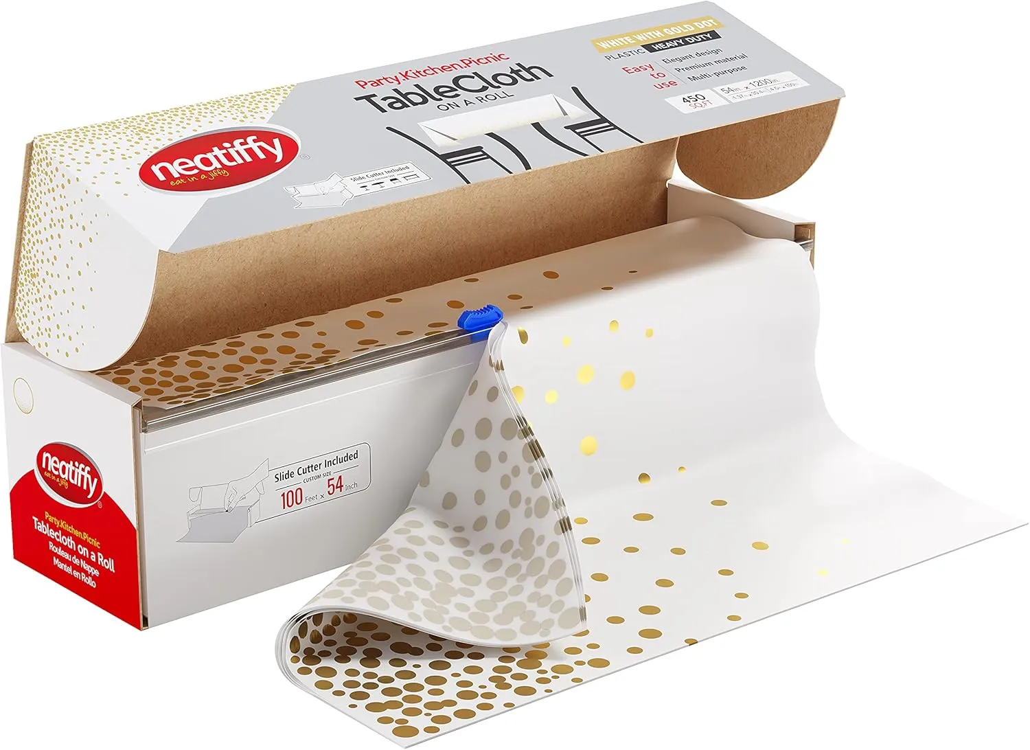 Neatiffy 54 in x 100 Ft - Disposable Plastic Table Cloth Roll with Slide Cutter | Waterproof Cover for Rectangle, Square, Oval Tables | Picnic, Party, Banquet, Birthdays, Weddings - White Golden Dots