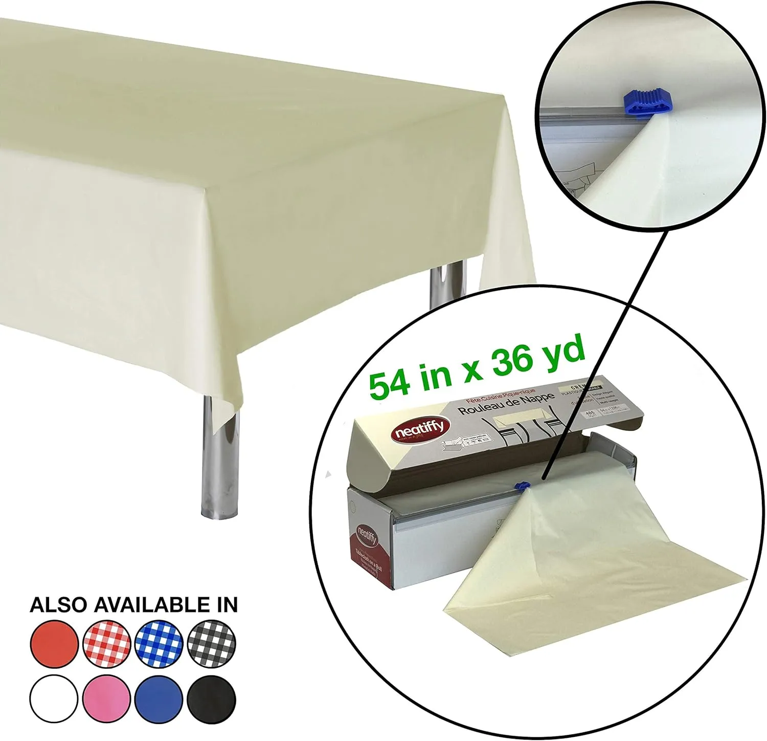 Neatiffy Disposable Plastic Table Cloth Roll | 54 in x 108 Ft Waterproof Tablecloth | Table Cover for Rectangle, Square, Round Oval Tables | Picnic, Party, Banquet, Birthdays, Weddings - Ivory
