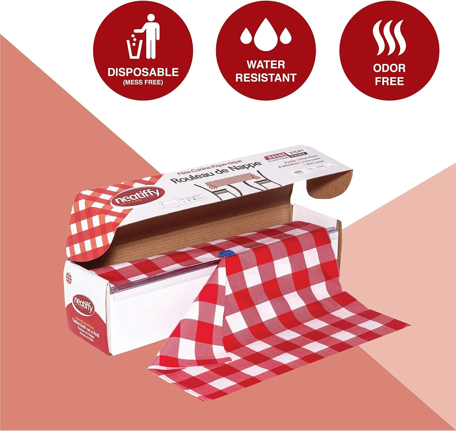 Neatiffy Disposable Plastic Table Cloth Roll | 54 in x 108 Ft Waterproof Tablecloth | Table Cover for Rectangle, Square, Round Oval Tables | Picnic, Party, Banquet, Birthdays, Weddings, Red Checkered