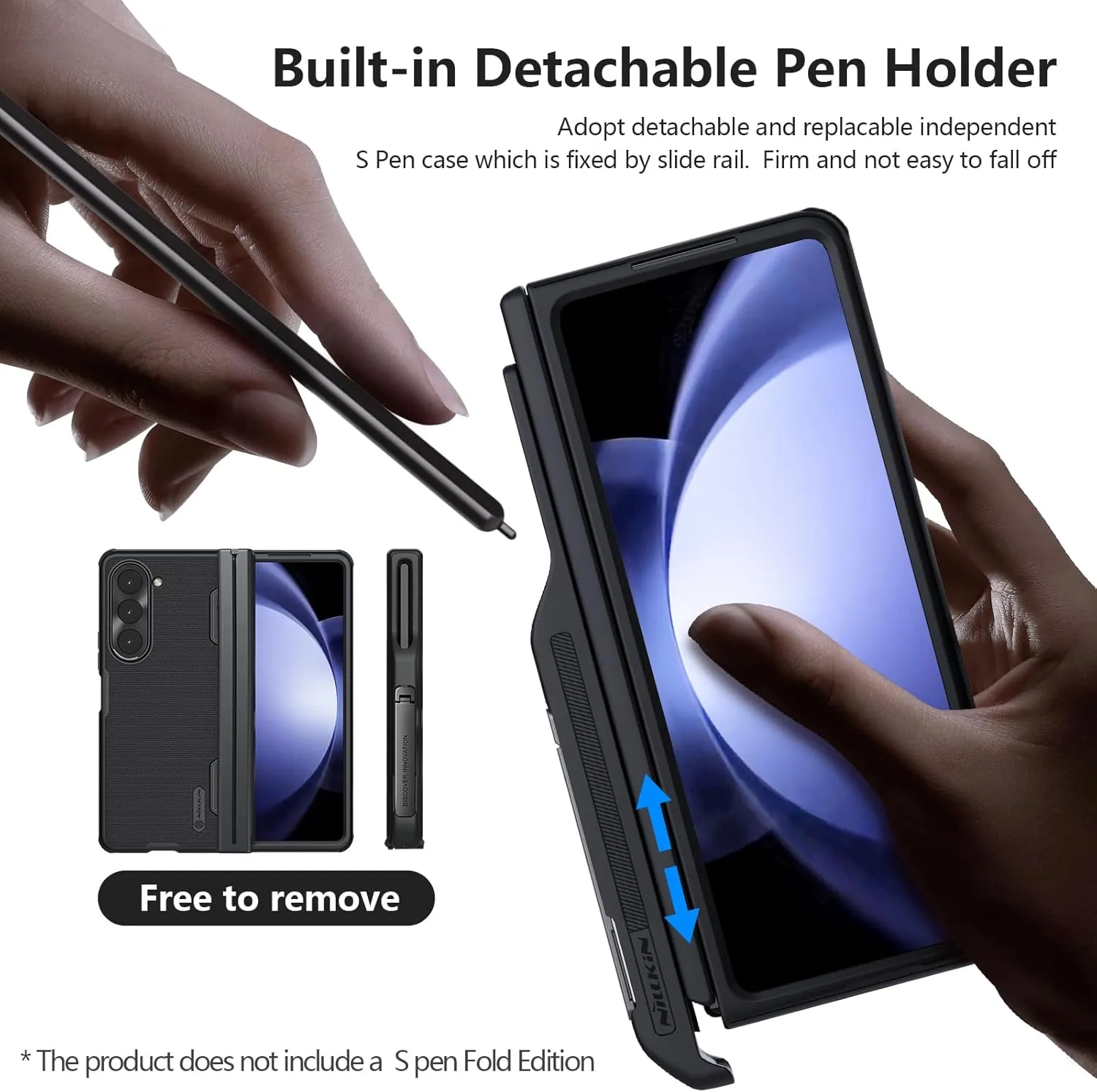 Nillkin Upgraded Case for Samsung Galaxy Z Fold 5 with S Pen Holder & Bump Texture Design [Creative Hinge Protection][Hidden Kickstand] Protective Phone Case - Black