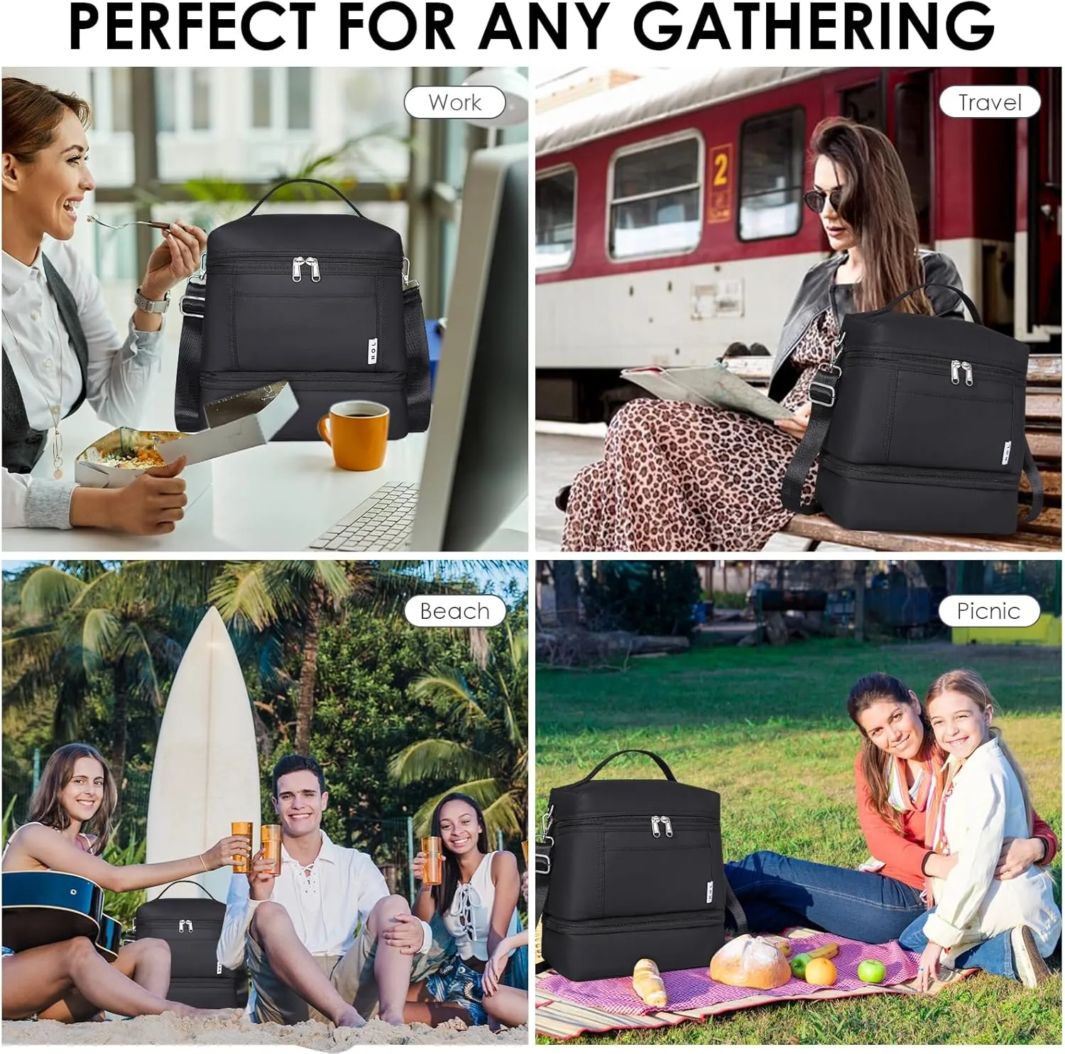 NOL Natural Organic Lifestyle Large Dual Compartment Insulated Lunch Bag for Women/Men Lightweight Nylon Waterproof Lunch Box Leakproof Cooler Tote Bag with Adjustable Shoulder Strap for Work,Black
