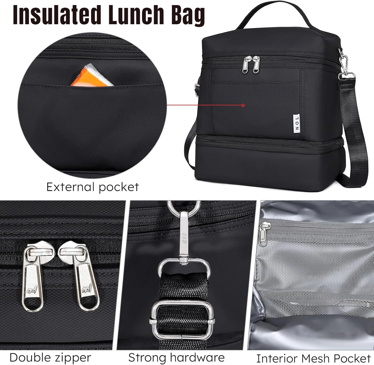 NOL Natural Organic Lifestyle Large Dual Compartment Insulated Lunch Bag for Women/Men Lightweight Nylon Waterproof Lunch Box Leakproof Cooler Tote Bag with Adjustable Shoulder Strap for Work,Black