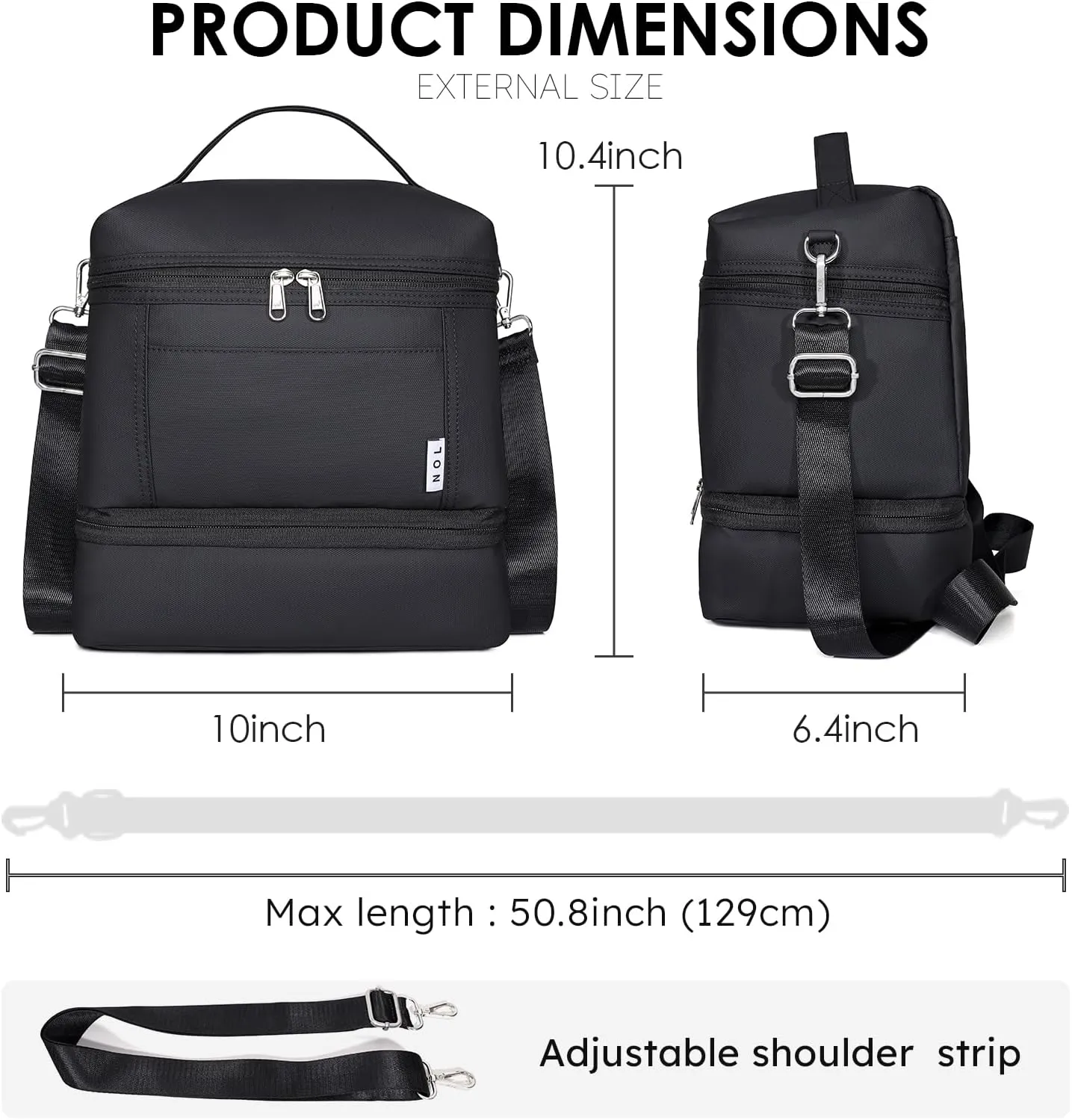 NOL Natural Organic Lifestyle Large Dual Compartment Insulated Lunch Bag for Women/Men Lightweight Nylon Waterproof Lunch Box Leakproof Cooler Tote Bag with Adjustable Shoulder Strap for Work,Black