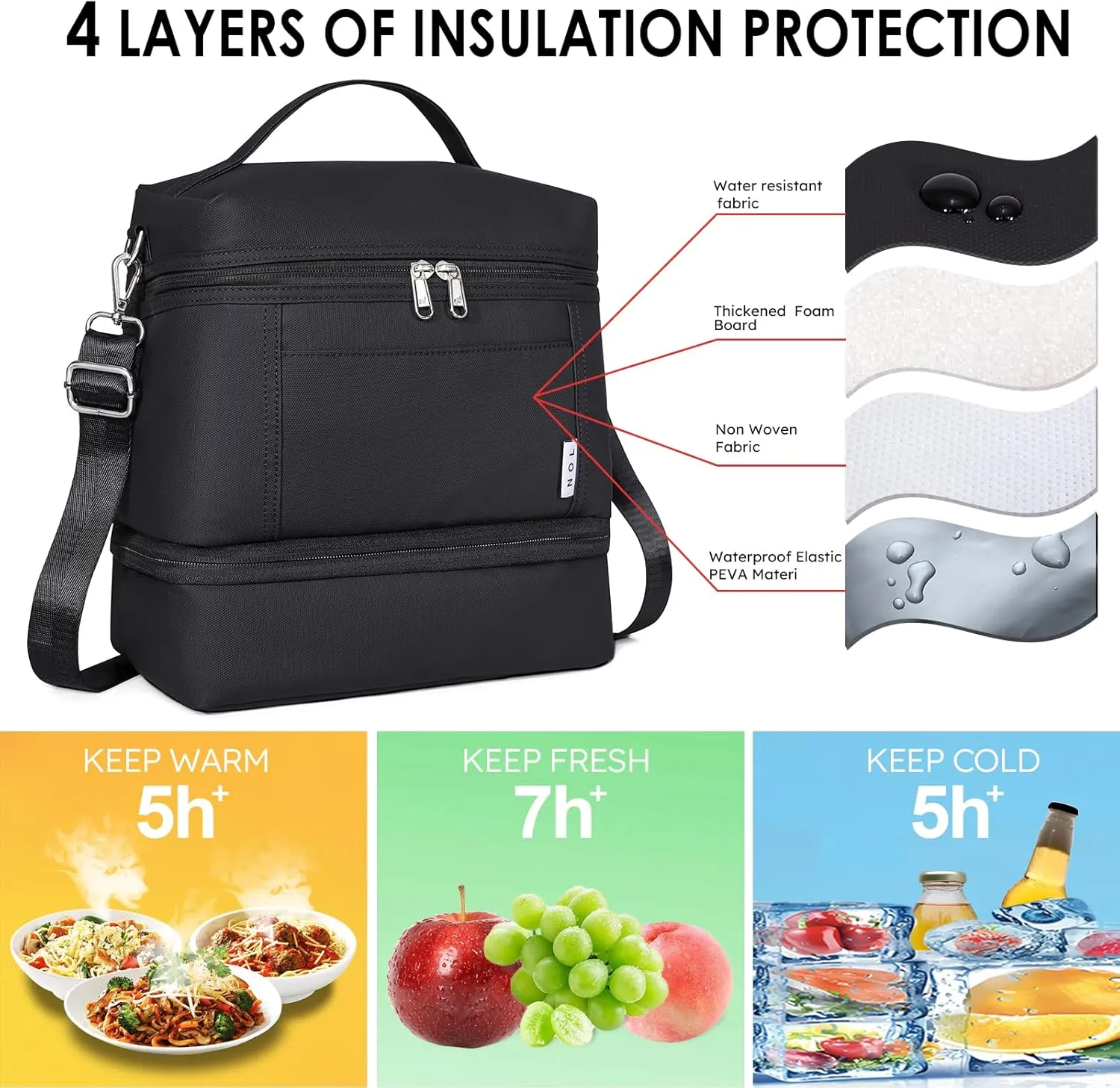 NOL Natural Organic Lifestyle Large Dual Compartment Insulated Lunch Bag for Women/Men Lightweight Nylon Waterproof Lunch Box Leakproof Cooler Tote Bag with Adjustable Shoulder Strap for Work,Black