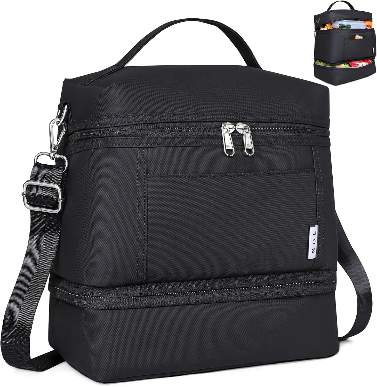 NOL Natural Organic Lifestyle Large Dual Compartment Insulated Lunch Bag for Women/Men Lightweight Nylon Waterproof Lunch Box Leakproof Cooler Tote Bag with Adjustable Shoulder Strap for Work,Black