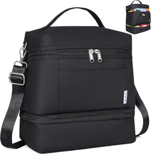 NOL Natural Organic Lifestyle Large Dual Compartment Insulated Lunch Bag for Women/Men Lightweight Nylon Waterproof Lunch Box Leakproof Cooler Tote Bag with Adjustable Shoulder Strap for Work,Black