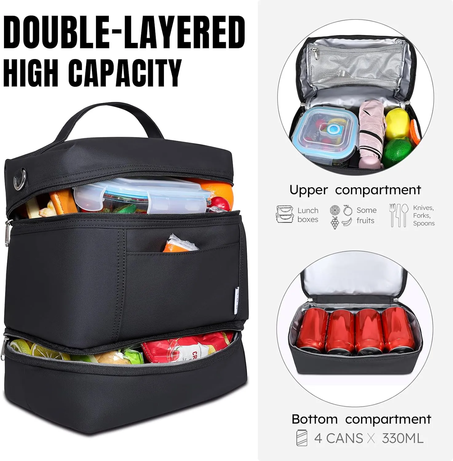 NOL Natural Organic Lifestyle Large Dual Compartment Insulated Lunch Bag for Women/Men Lightweight Nylon Waterproof Lunch Box Leakproof Cooler Tote Bag with Adjustable Shoulder Strap for Work,Black