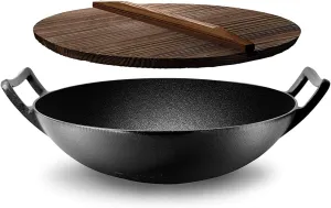 NutriChef Cast Iron Wok with Wooden Lid - Pre-Seasoned Chinese Wok for Stir-Fry, Compatible with Multiple Cooktops Including Induction, Large 5.8 Qt Capacity, 12" Diameter