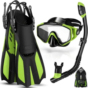 Odoland Snorkel Set, Adults Snorkeling Packages with Dry Top Diving Mask, Adjustable Swim Fins, Mesh Bag, Anti-Fog Anti-Leak Snorkeling Gear for Men Women