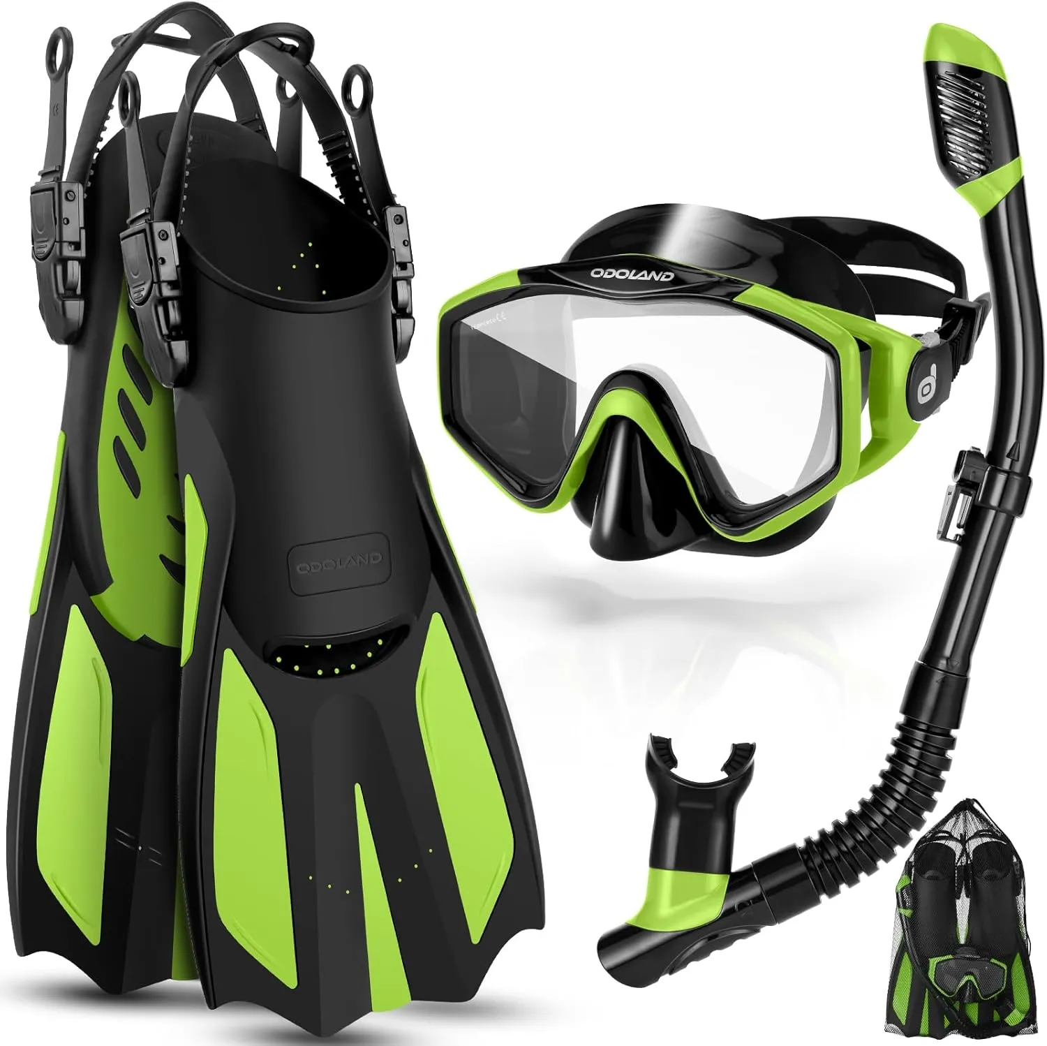 Odoland Snorkel Set, Adults Snorkeling Packages with Dry Top Diving Mask, Adjustable Swim Fins, Mesh Bag, Anti-Fog Anti-Leak Snorkeling Gear for Men Women