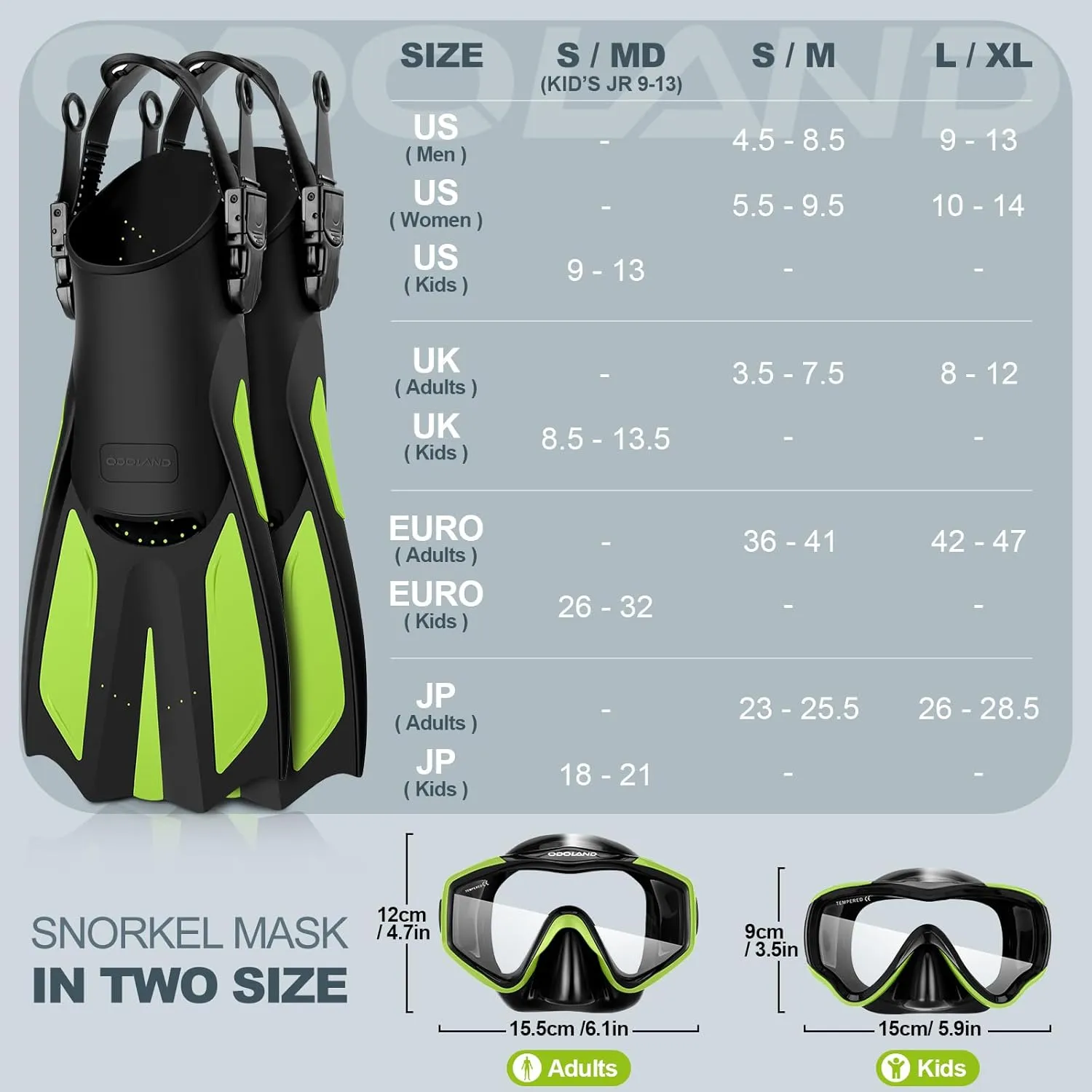 Odoland Snorkel Set, Adults Snorkeling Packages with Dry Top Diving Mask, Adjustable Swim Fins, Mesh Bag, Anti-Fog Anti-Leak Snorkeling Gear for Men Women