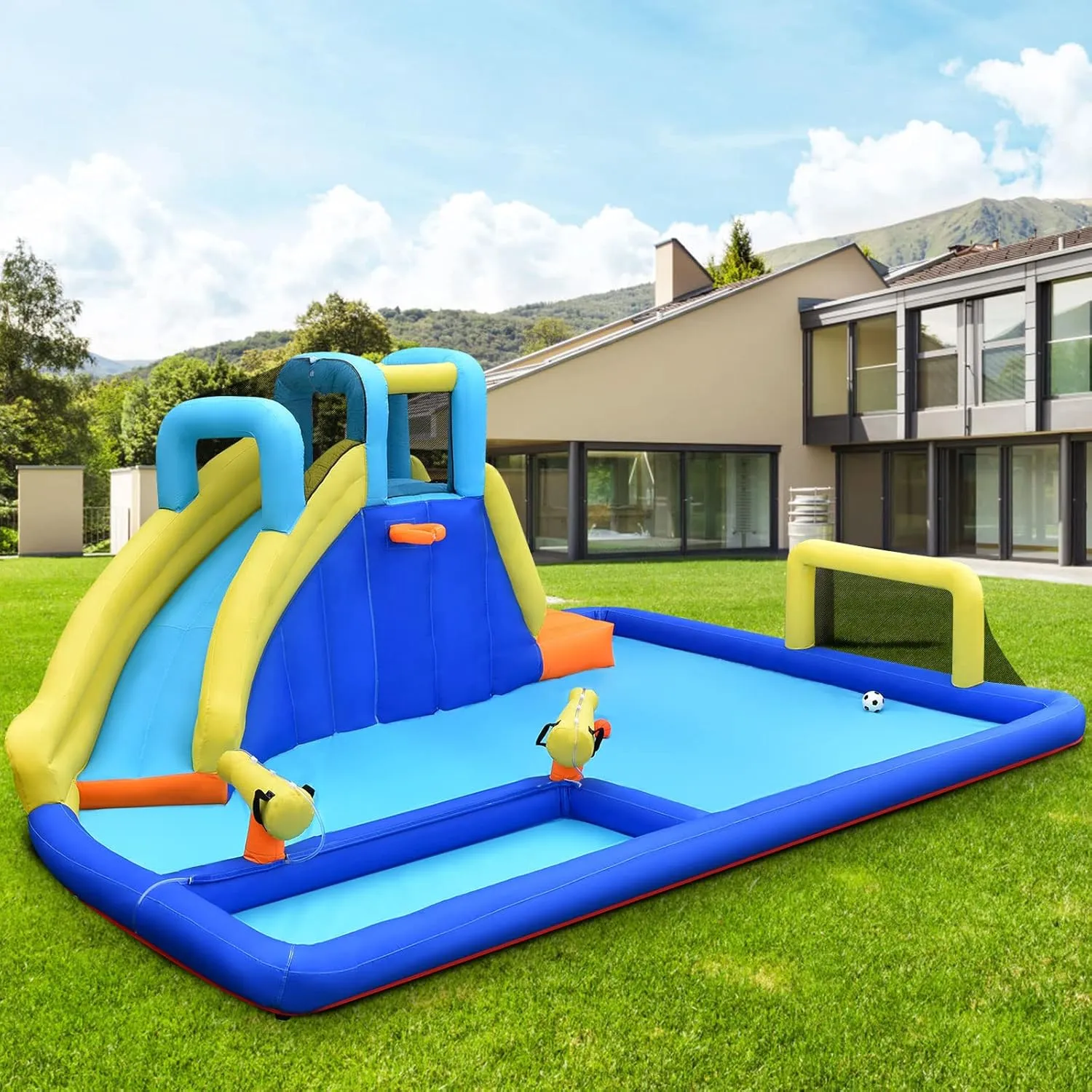 OLAKIDS Inflatable Water Slide, 7 in 1 Bounce House Water Park with Slide Soccer Goal Large Splash Pool 2 Water Guns, Outdoor Inflatable Obstacle Course for Kids Backyard (Without Blower)