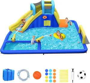 OLAKIDS Inflatable Water Slide, 7 in 1 Bounce House Water Park with Slide Soccer Goal Large Splash Pool 2 Water Guns, Outdoor Inflatable Obstacle Course for Kids Backyard (Without Blower)