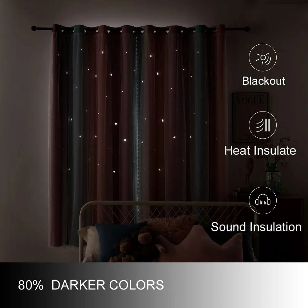 Ombre Rainbow Blackout Curtains for Kid Girls Bedroom Living Room Darking Stripe Double Layer Star Cut Out Wall Home Decor Gradient Grommet Window Curtains （Pink Purple 52W x 95L