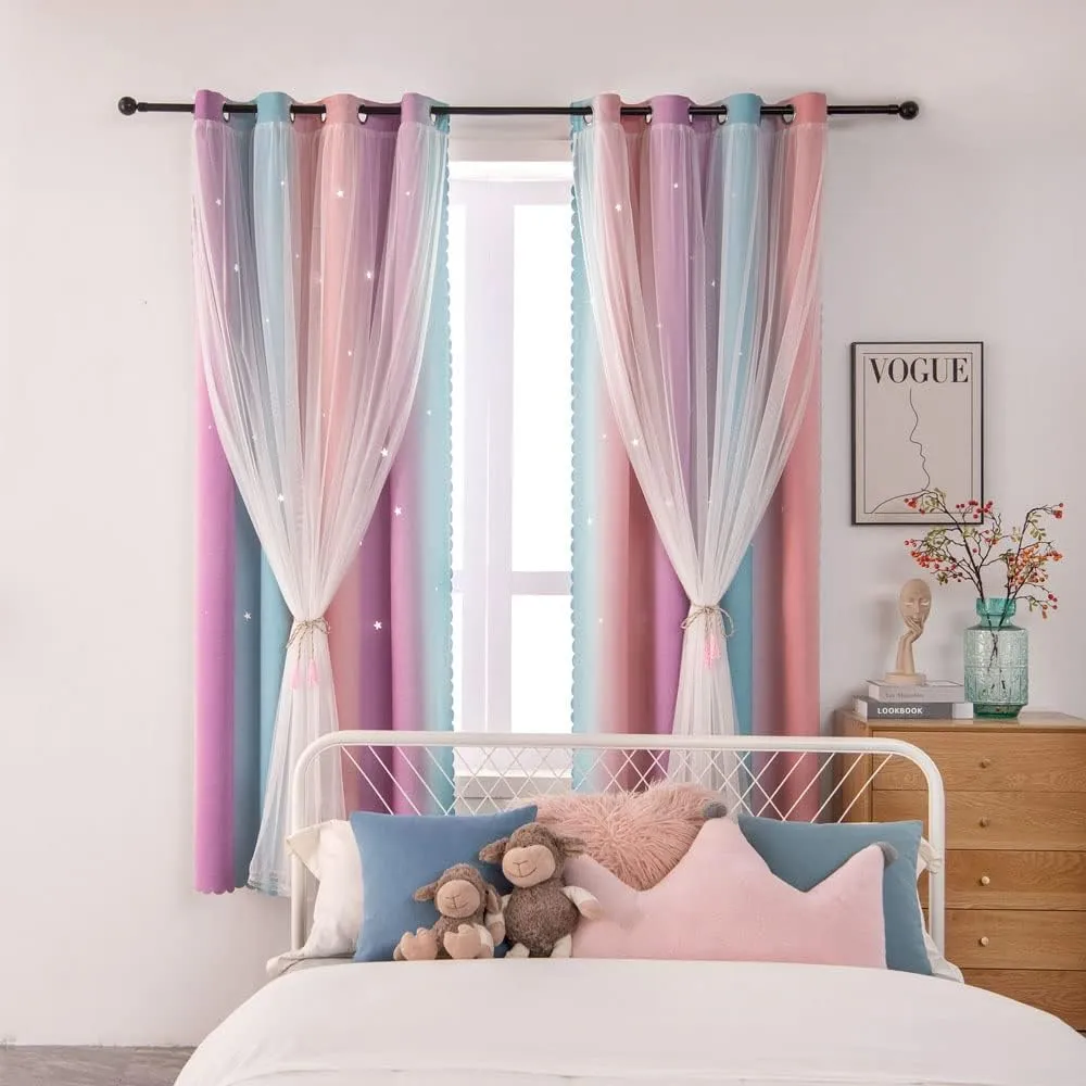 Ombre Rainbow Blackout Curtains for Kid Girls Bedroom Living Room Darking Stripe Double Layer Star Cut Out Wall Home Decor Gradient Grommet Window Curtains （Pink Purple 52W x 95L