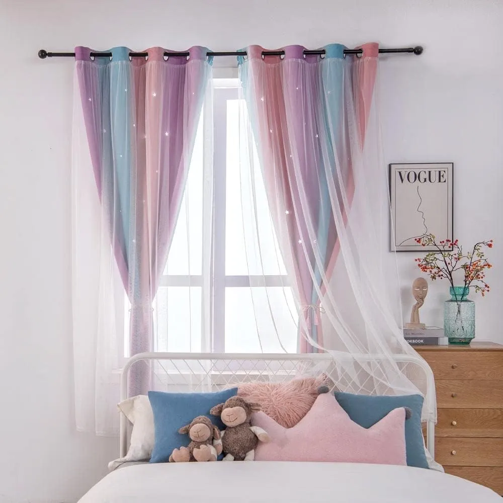 Ombre Rainbow Blackout Curtains for Kid Girls Bedroom Living Room Darking Stripe Double Layer Star Cut Out Wall Home Decor Gradient Grommet Window Curtains （Pink Purple 52W x 95L