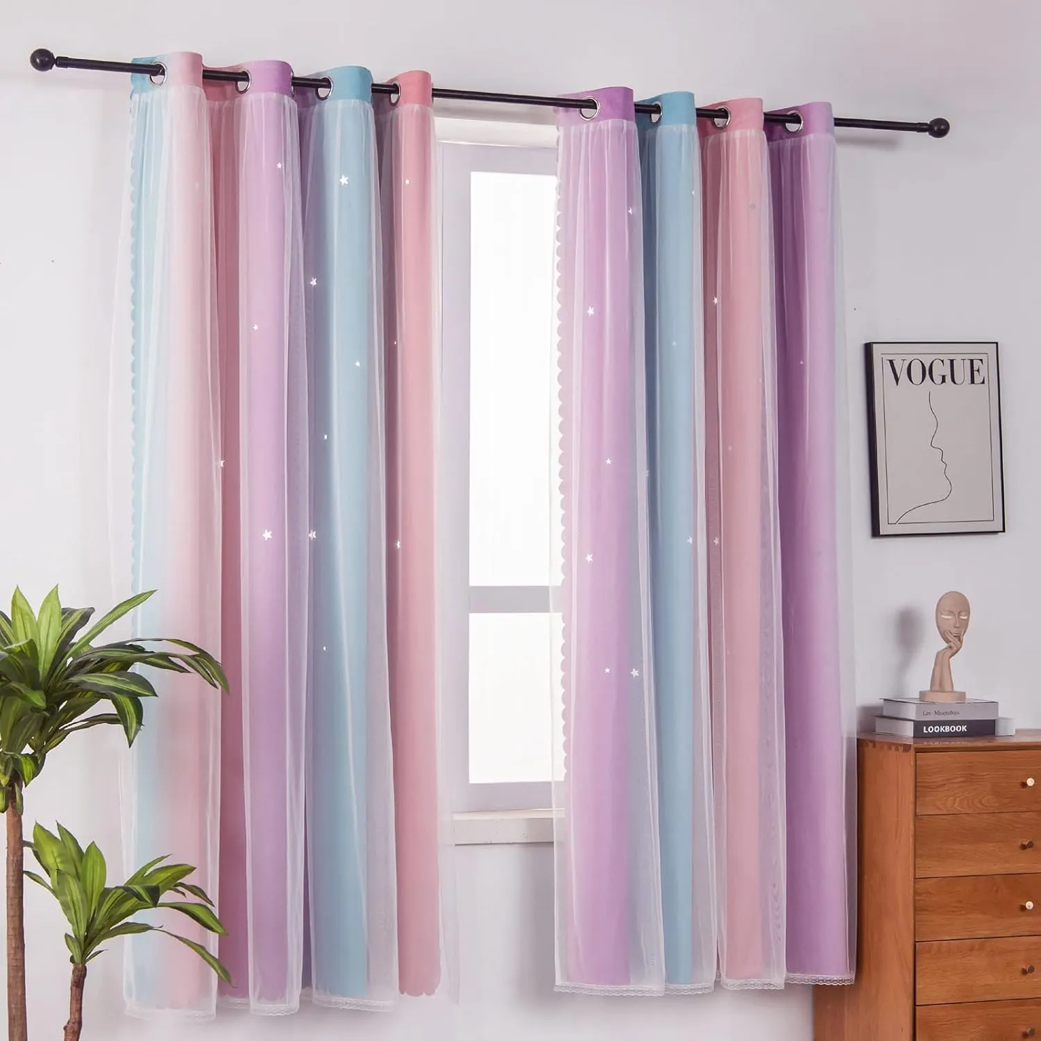 Ombre Rainbow Blackout Curtains for Kid Girls Bedroom Living Room Darking Stripe Double Layer Star Cut Out Wall Home Decor Gradient Grommet Window Curtains （Pink Purple 52W x 95L