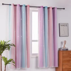 Ombre Rainbow Blackout Curtains for Kid Girls Bedroom Living Room Darking Stripe Double Layer Star Cut Out Wall Home Decor Gradient Grommet Window Curtains （Pink Purple 52W x 95L