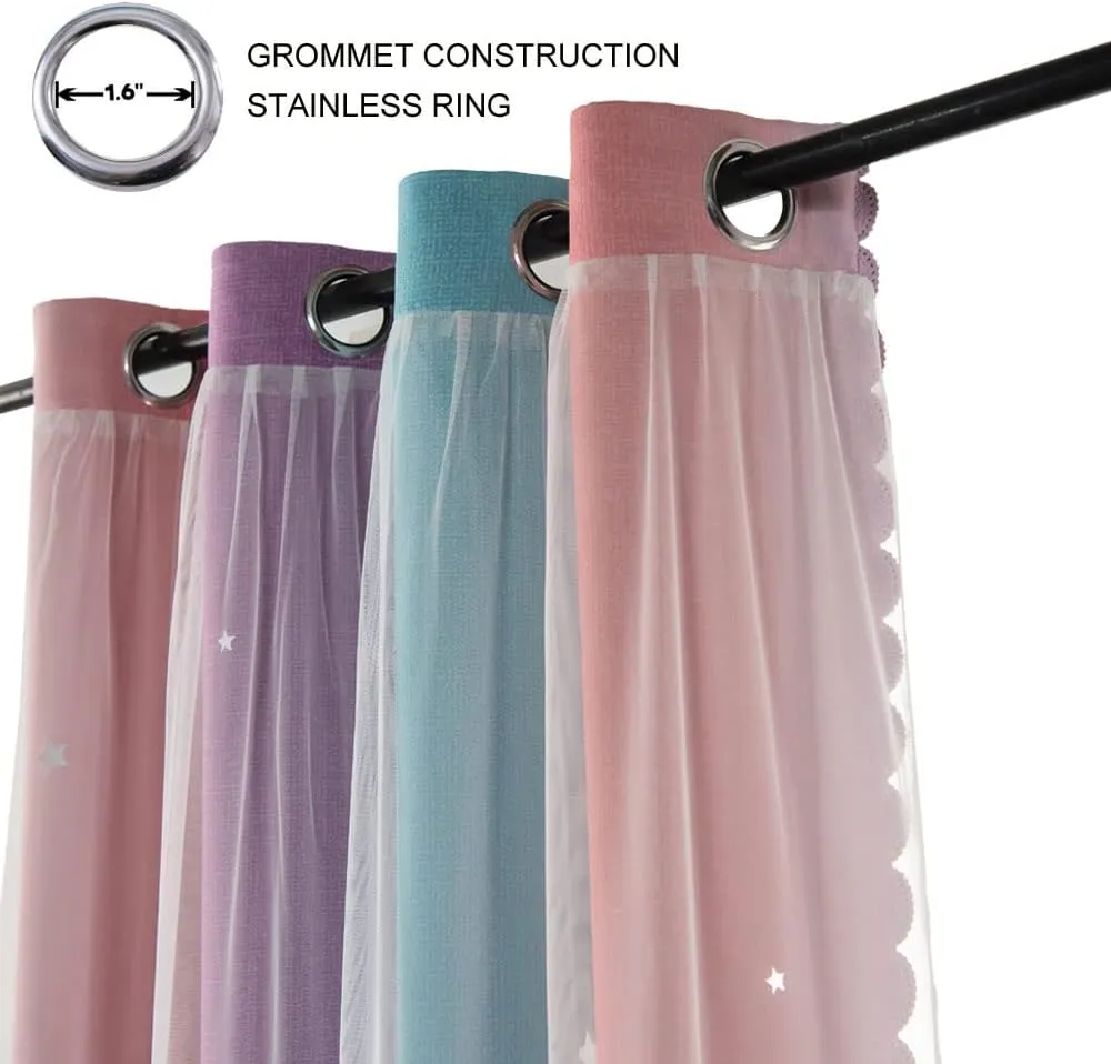 Ombre Rainbow Blackout Curtains for Kid Girls Bedroom Living Room Darking Stripe Double Layer Star Cut Out Wall Home Decor Gradient Grommet Window Curtains （Pink Purple 52W x 95L