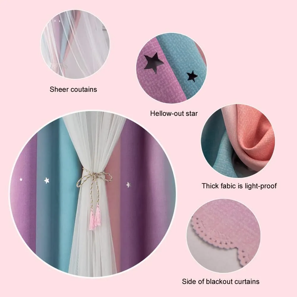 Ombre Rainbow Blackout Curtains for Kid Girls Bedroom Living Room Darking Stripe Double Layer Star Cut Out Wall Home Decor Gradient Grommet Window Curtains （Pink Purple 52W x 95L