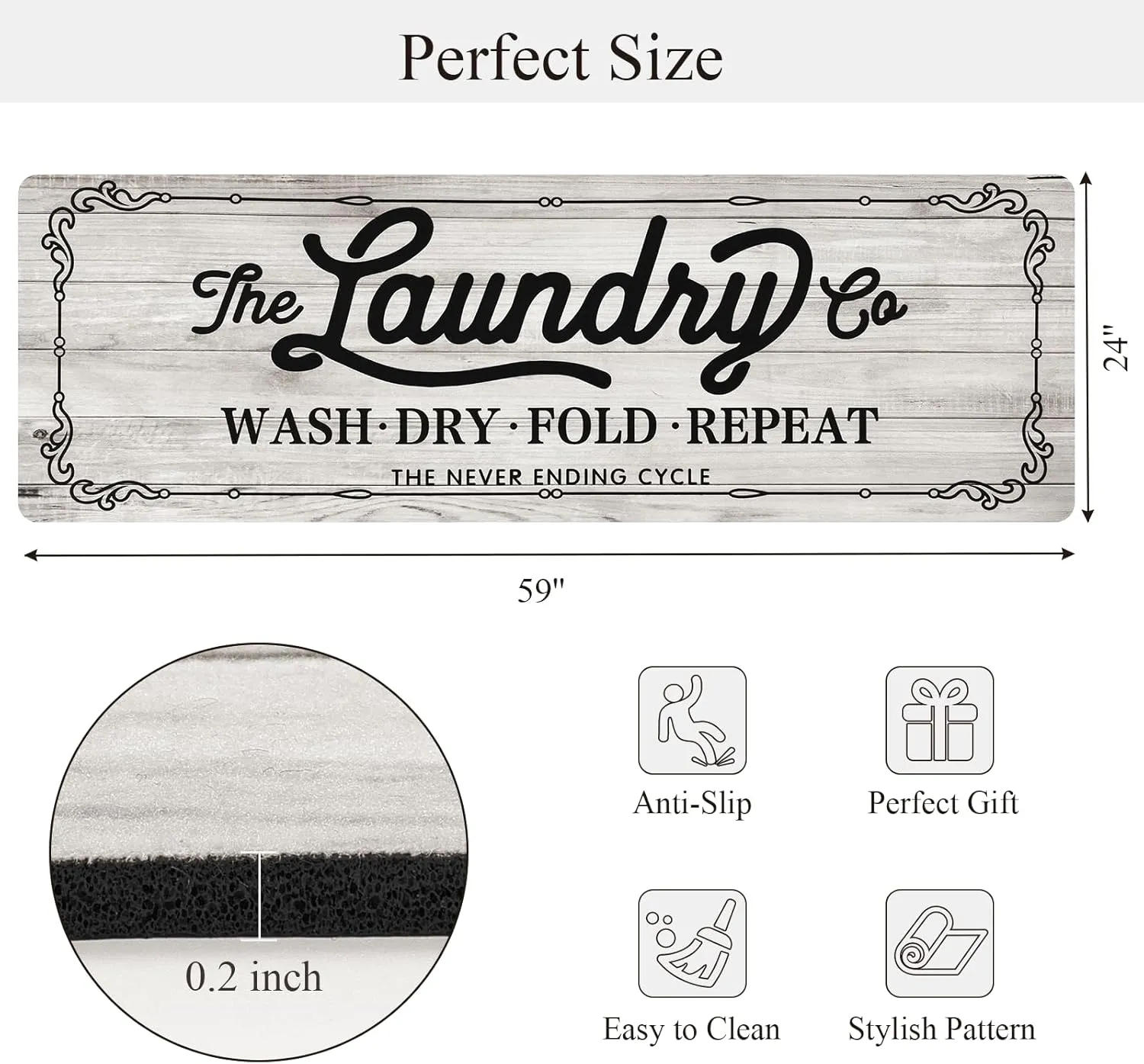 Pauwer Farmhouse Laundry Room Rug Runner 24"x59" Rubber Non Slip Kitchen Mats for Floor Waterproof Laundry Area Rug Washable Floor Carpet Runner for Entryway Bathroom Hallway Mudroom