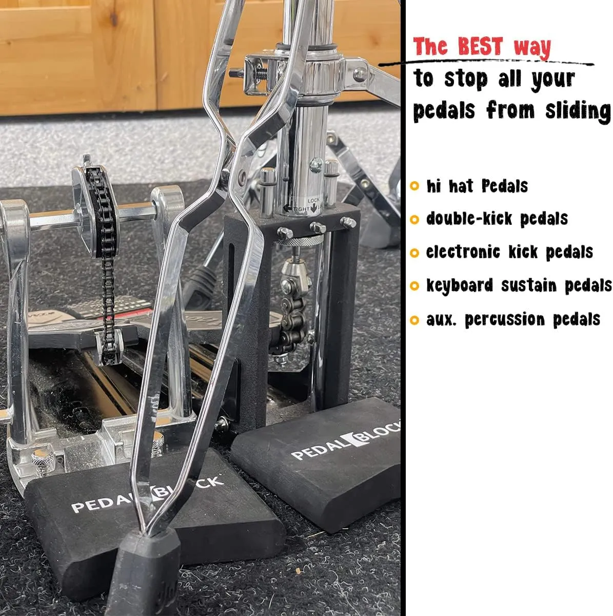 PedalBlock - Hi-Hat and Pedal Anchor System - Total Slide Prevention - For Double Kick Pedal, Hi-Hat Stand, Keyboard Pedal, Electric Bass Drum Pedal - Drum Set Accessory & Gift (Set of 2)